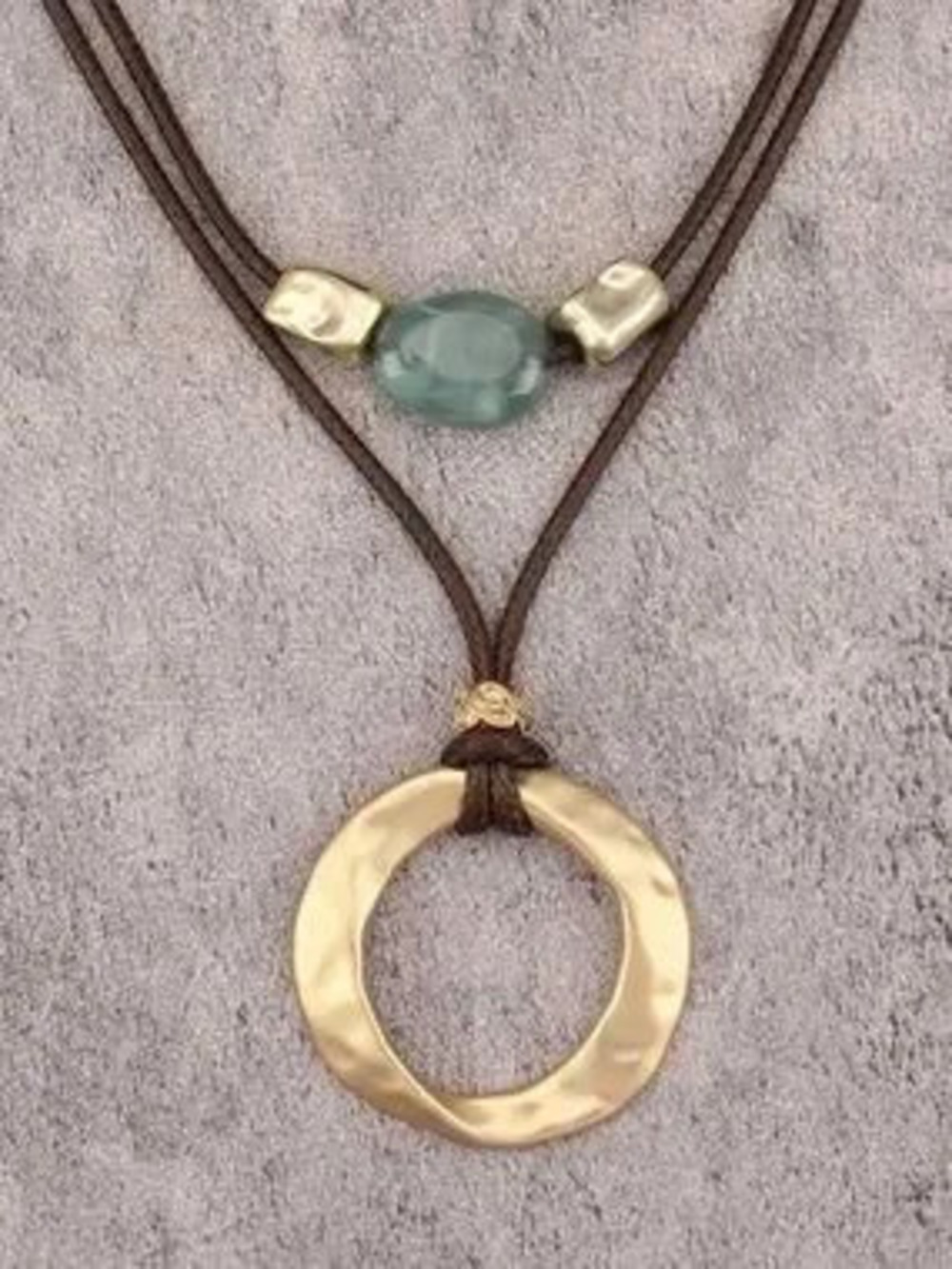 Anthropologie Gold Hammered Circle Necklace with Green Bead on Brown Cord